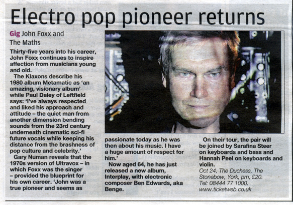 John Foxx Metro newspaper article